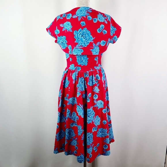Pinup Couture Evelyn Cocktail Dress Large Red Blue Rose Floral Jacket Shrug 2pc - Picture 7 of 11
